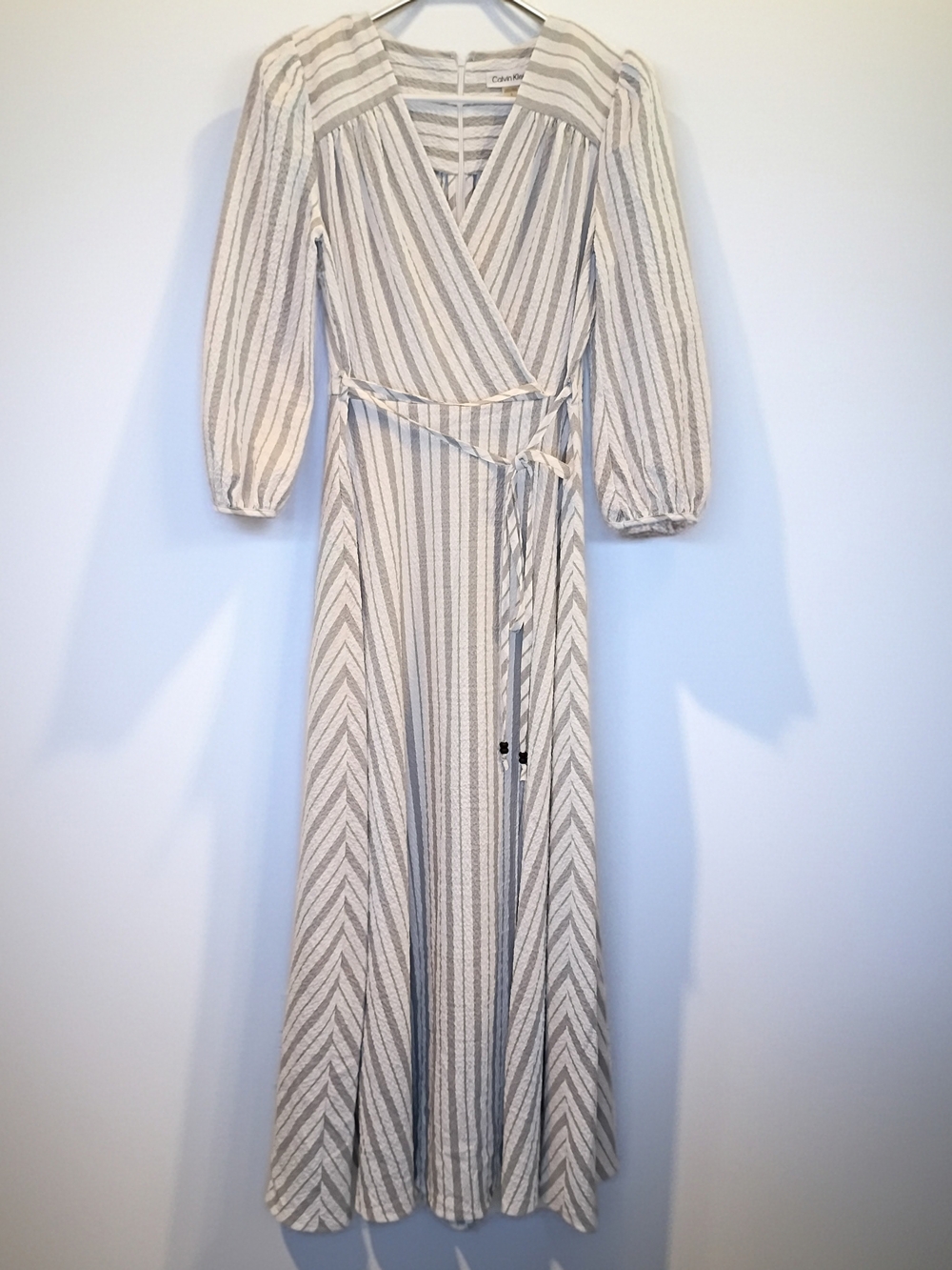 Calvin Klein Cream and Beige Striped Wrap Maxi Dress